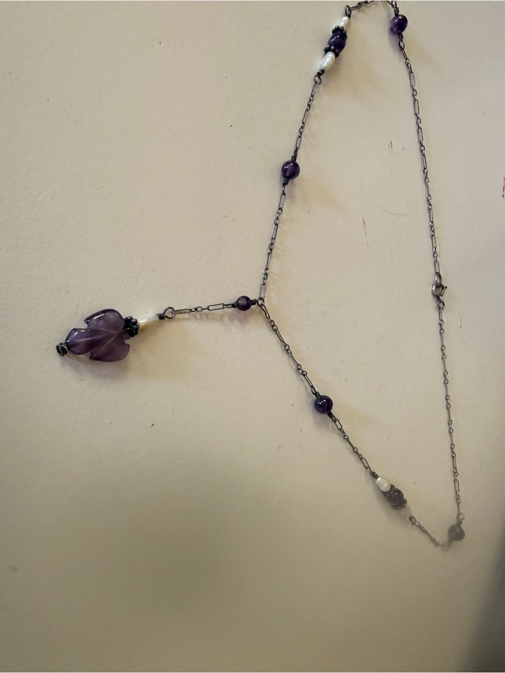 Antique Sterling chain Amethyst Pendant Y Necklace with seed pearls